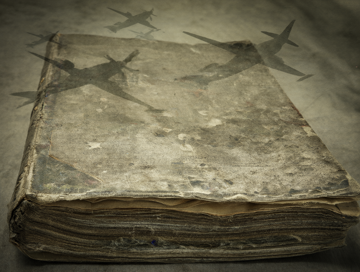 Close-up of a worn-out book with faint shadows of military planes flying over it.