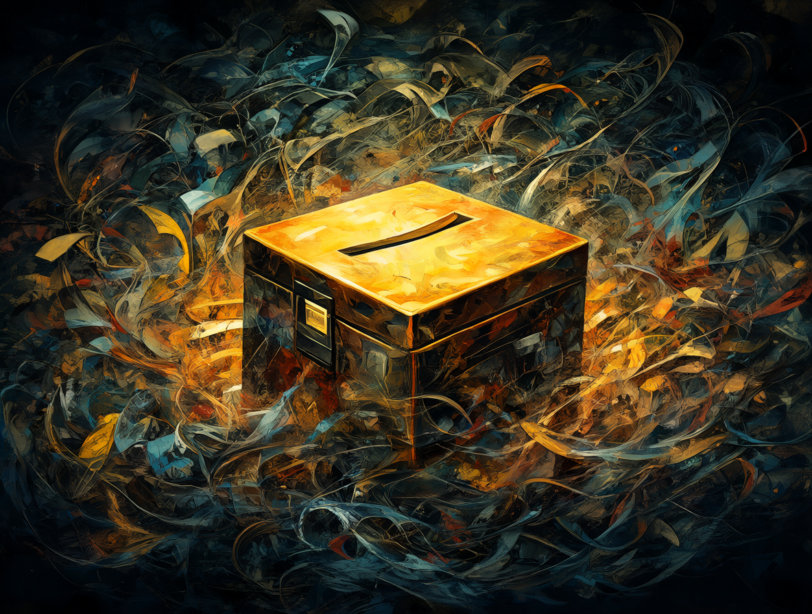 Glowing voting machine surrounded by chaotic abstract shapes representing political debate.