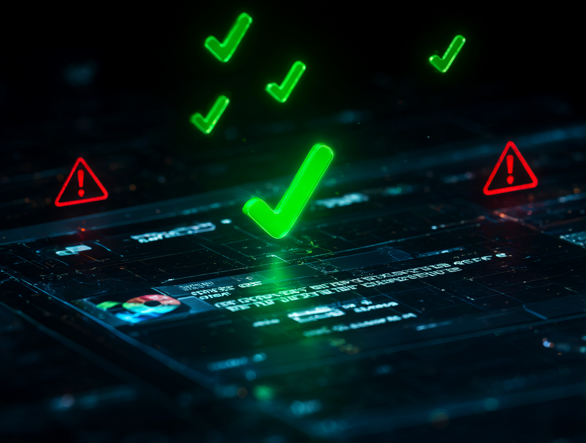 Vista cercana de una interfaz digital oscura mostrando un post en redes sociales, con marcas flotantes verdes para precisión factual y rojas para falacias de razonamiento.