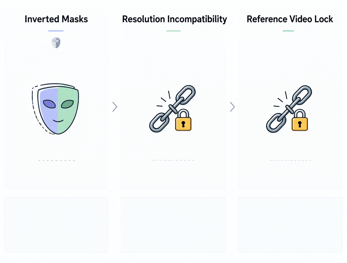 Infografía mostrando errores como máscaras invertidas o resolución incompatible en el outpainting de IA.