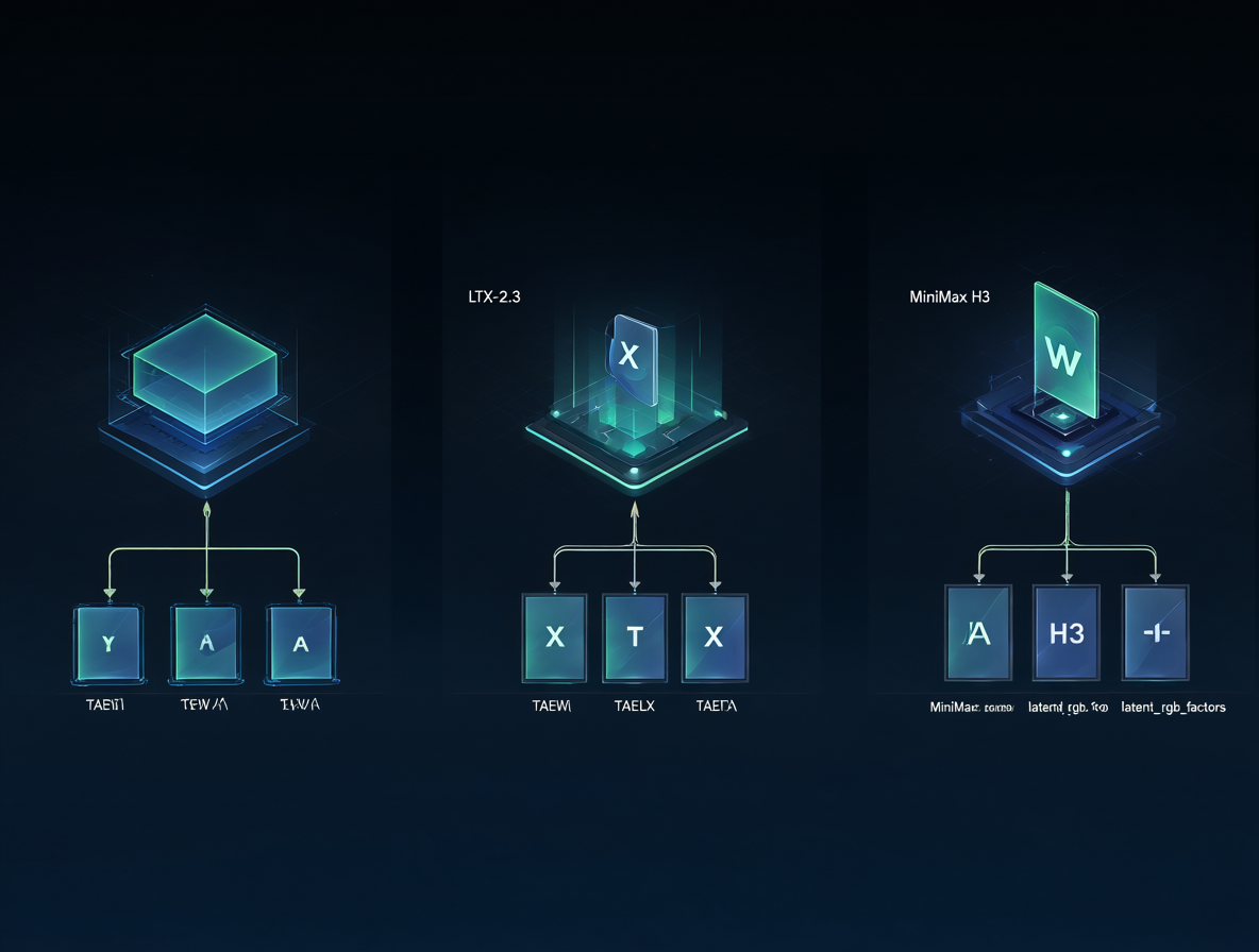 Diagrama técnico comparando los modelos de IA Wan 2.1, LTX-2.3 y MiniMax H3 con sus decodificadores específicos.