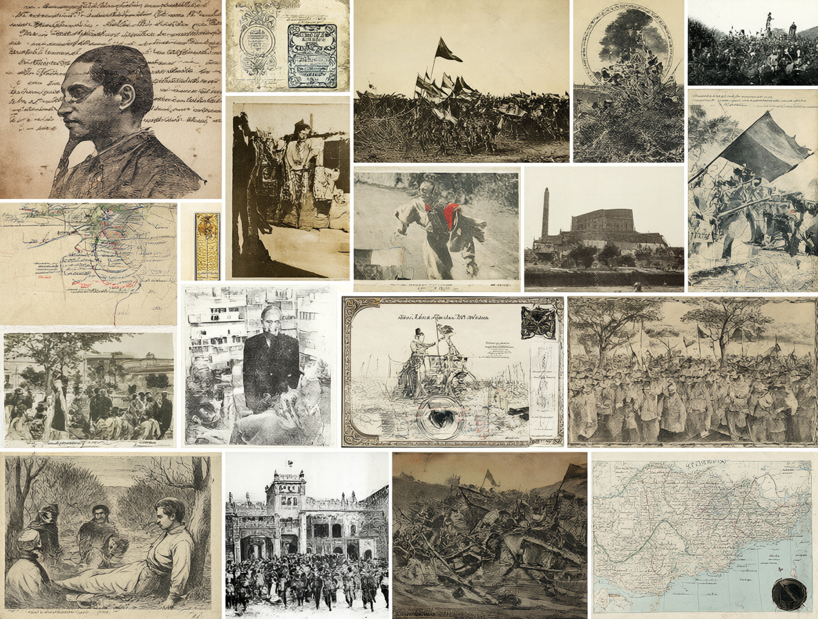 Collage visual con documentos históricos y escenas de la época.
