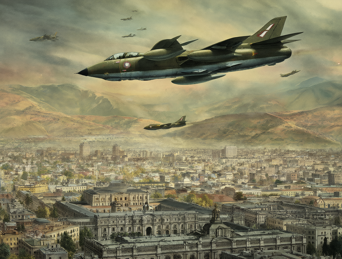 Avión Hawker Hunter chileno volando sobre Santiago con el Palacio La Moneda al fondo