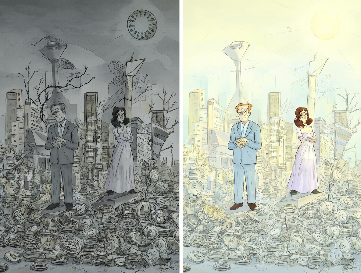 Ilustración dividida mostrando la dicotomía entre el entorno soviético y la ciudad occidental, ambas rodeadas de símbolos de materialismo.