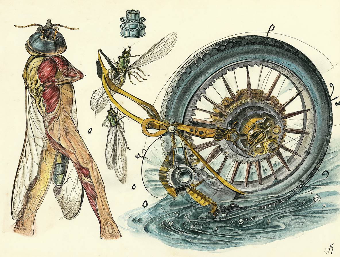 Ilustración que compara estructuras naturales con ruedas mecánicas para mostrar la complejidad de la rotación biológica.