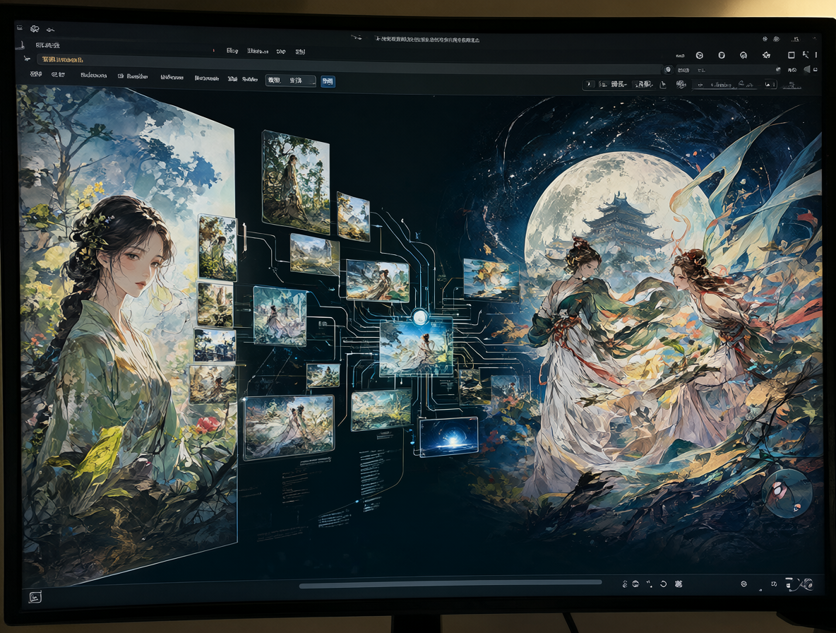 Vista dividida mostrando el proceso de transformación de una fotografía protegida a una ilustración generada por IA.