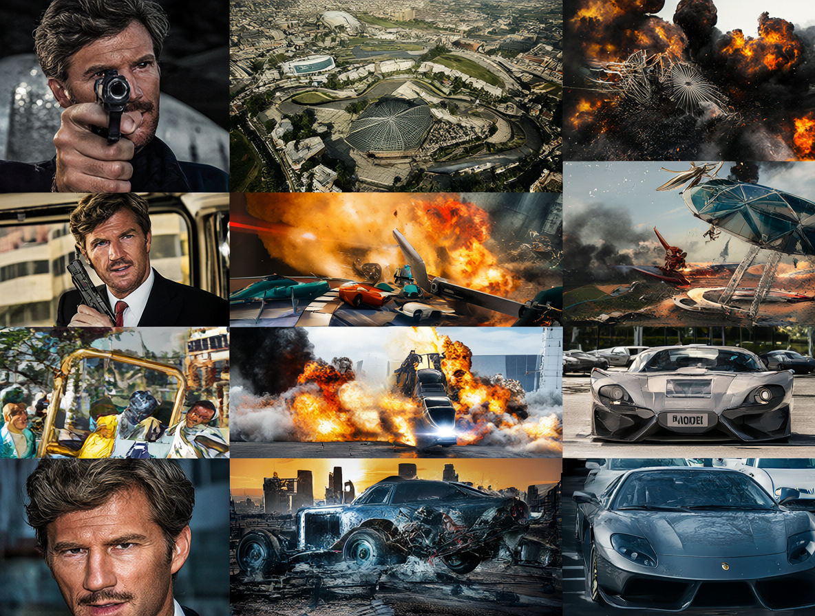 Collage vibrante de momentos icónicos de películas de James Bond como un agente en acción, el cuartel general M y gadgets futuristas.