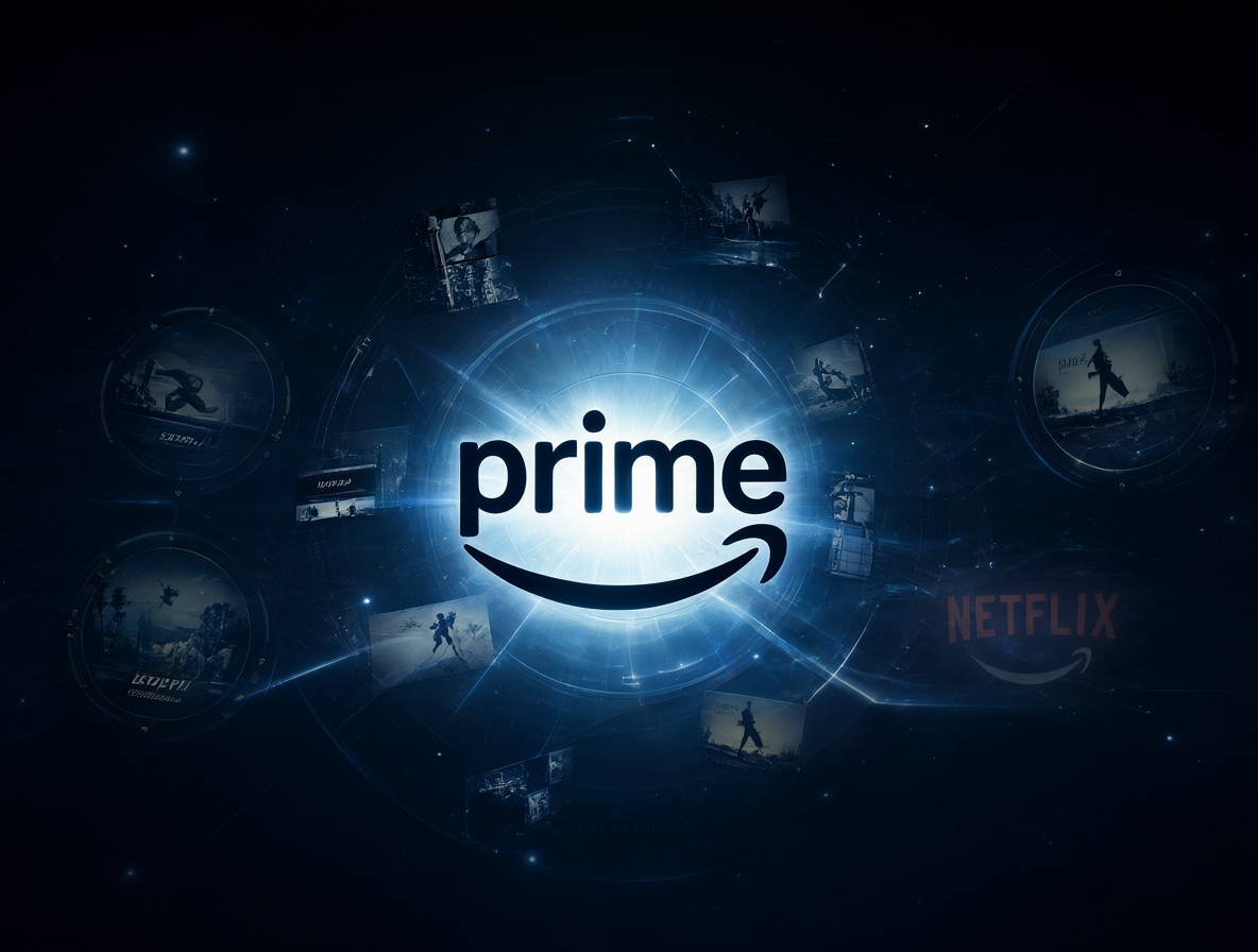 Ilustración conceptual mostrando Amazon Prime Video como plataforma central rodeada de películas de Bond, con un logo de Netflix desvanecido al fondo.