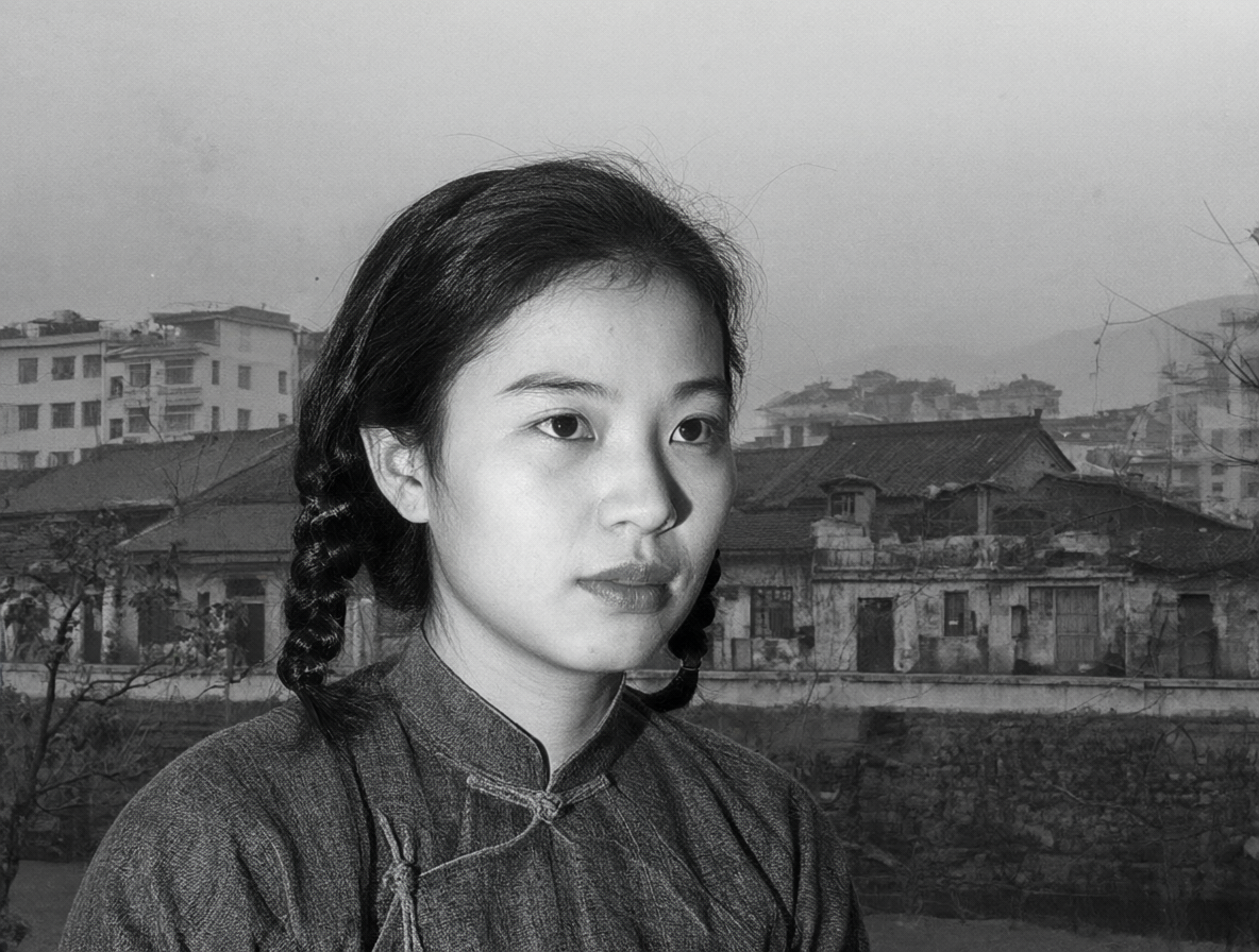 Retrato en blanco y negro de Hu Xianhua contra un fondo urbano de los años 80.
