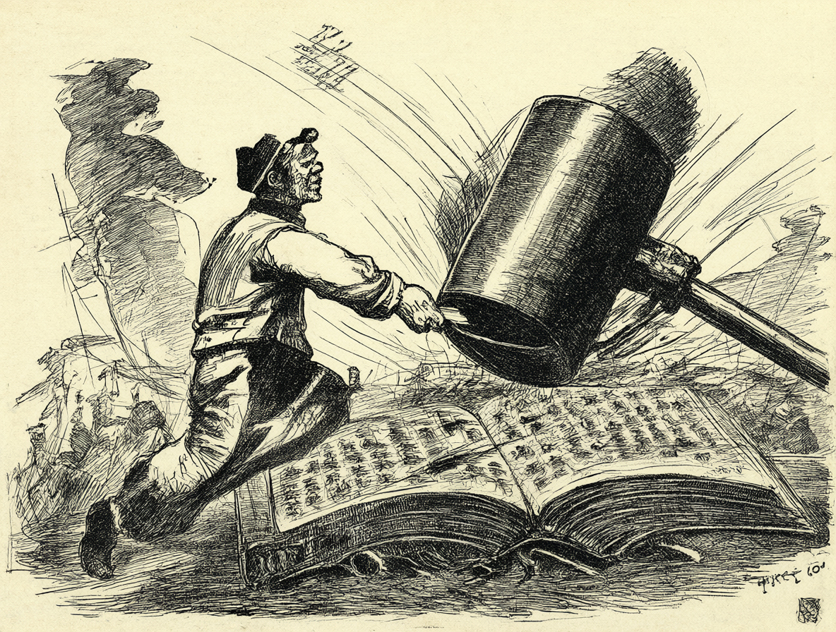 Ilustración del martillo judicial golpeando el código penal durante la campaña Yanda.