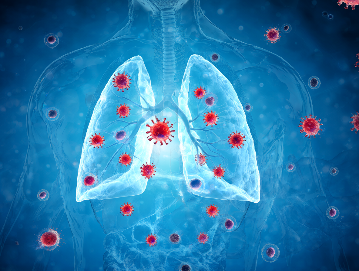 Sistema respiratorio sano recuperándose de la infección con células inmunes trabajando.