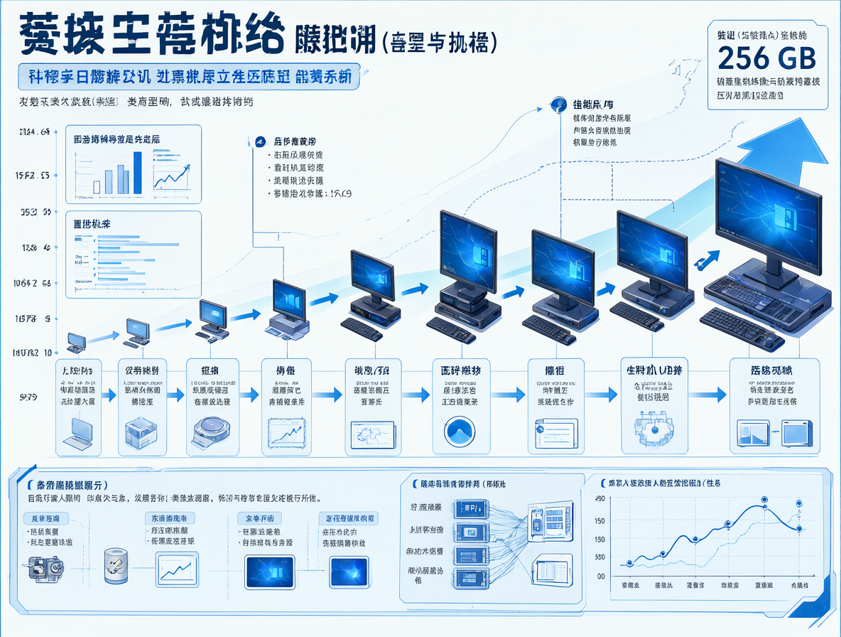 Gráfico visual que muestra cómo la capacidad de memoria ha aumentado drásticamente a través de las décadas, desde 1 MB hasta 256 GB.