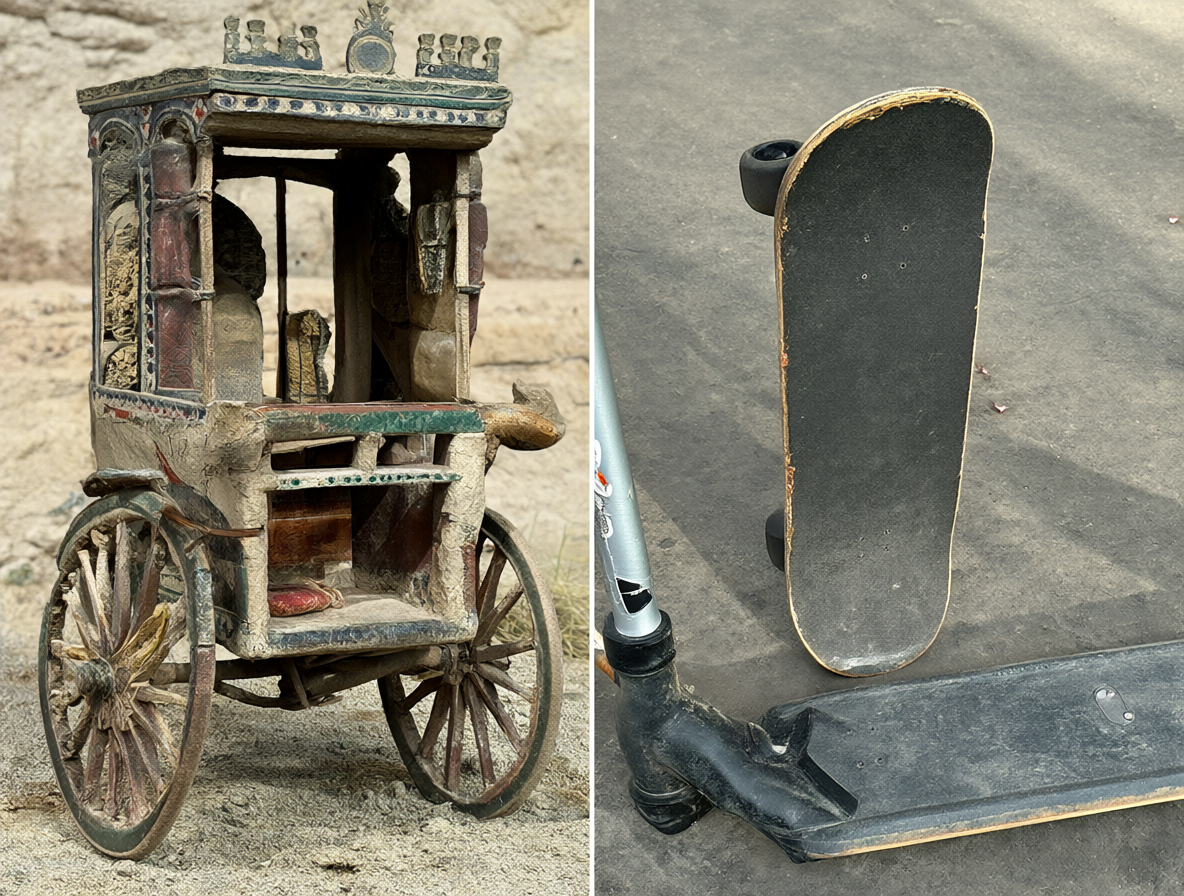 Imagen dividida mostrando un carro antiguo a la izquierda y un skateboard moderno junto a una patineta primitiva a la derecha, ilustrando el contraste histórico.