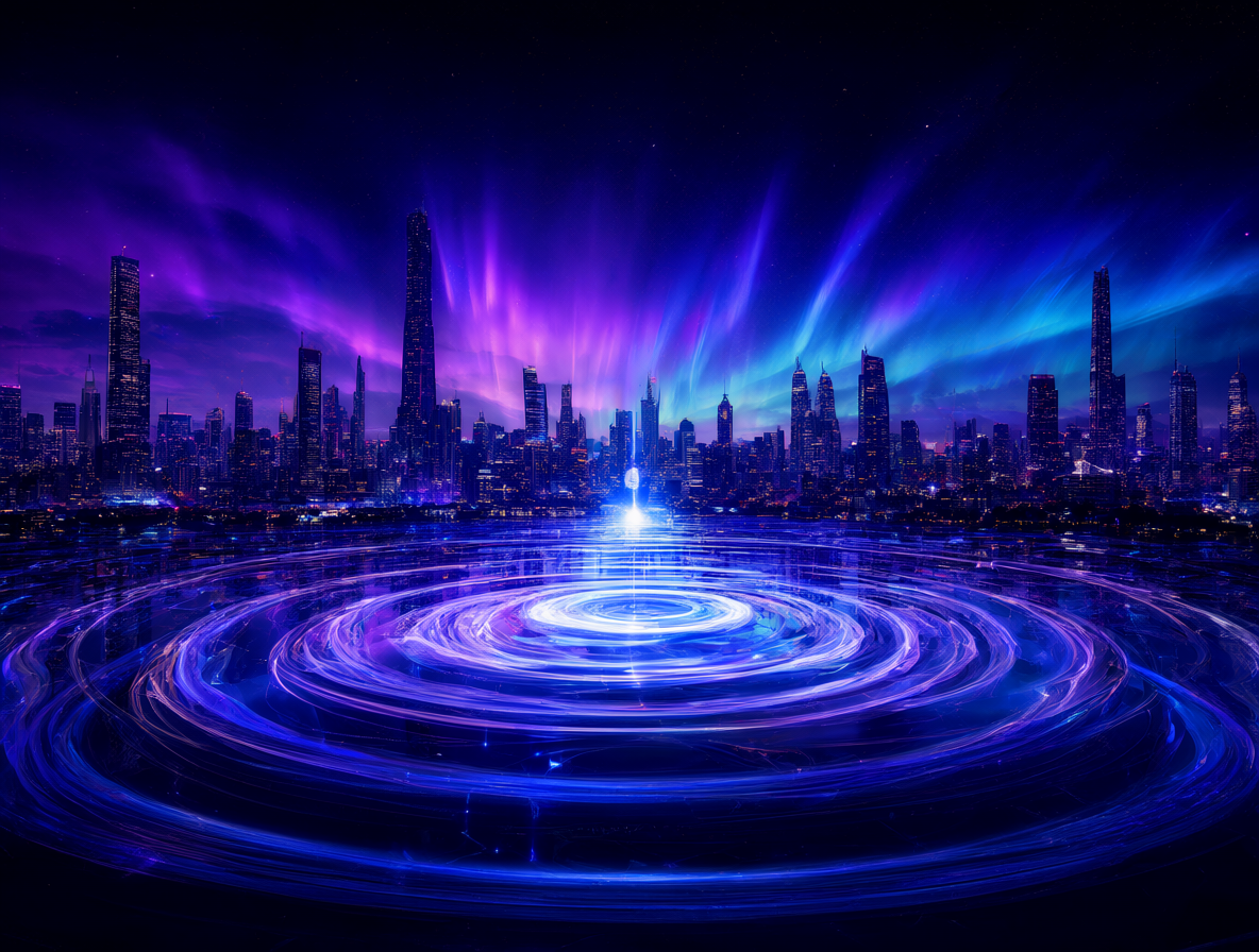 Futuristic city skyline with swirling aurora and stylized sound waves showing the Doppler effect.