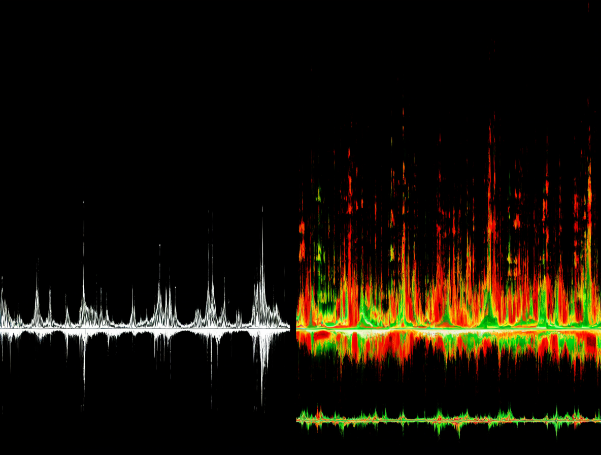 Digital spectrogram comparing clean static waveform on left and complex jagged waveform on right.