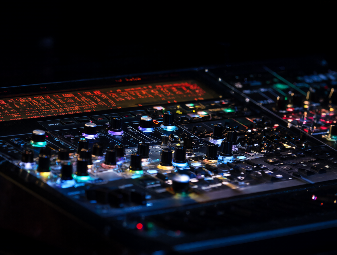 Close-up of the Arpegiator synthesizer with glowing knobs and digital display panel.
