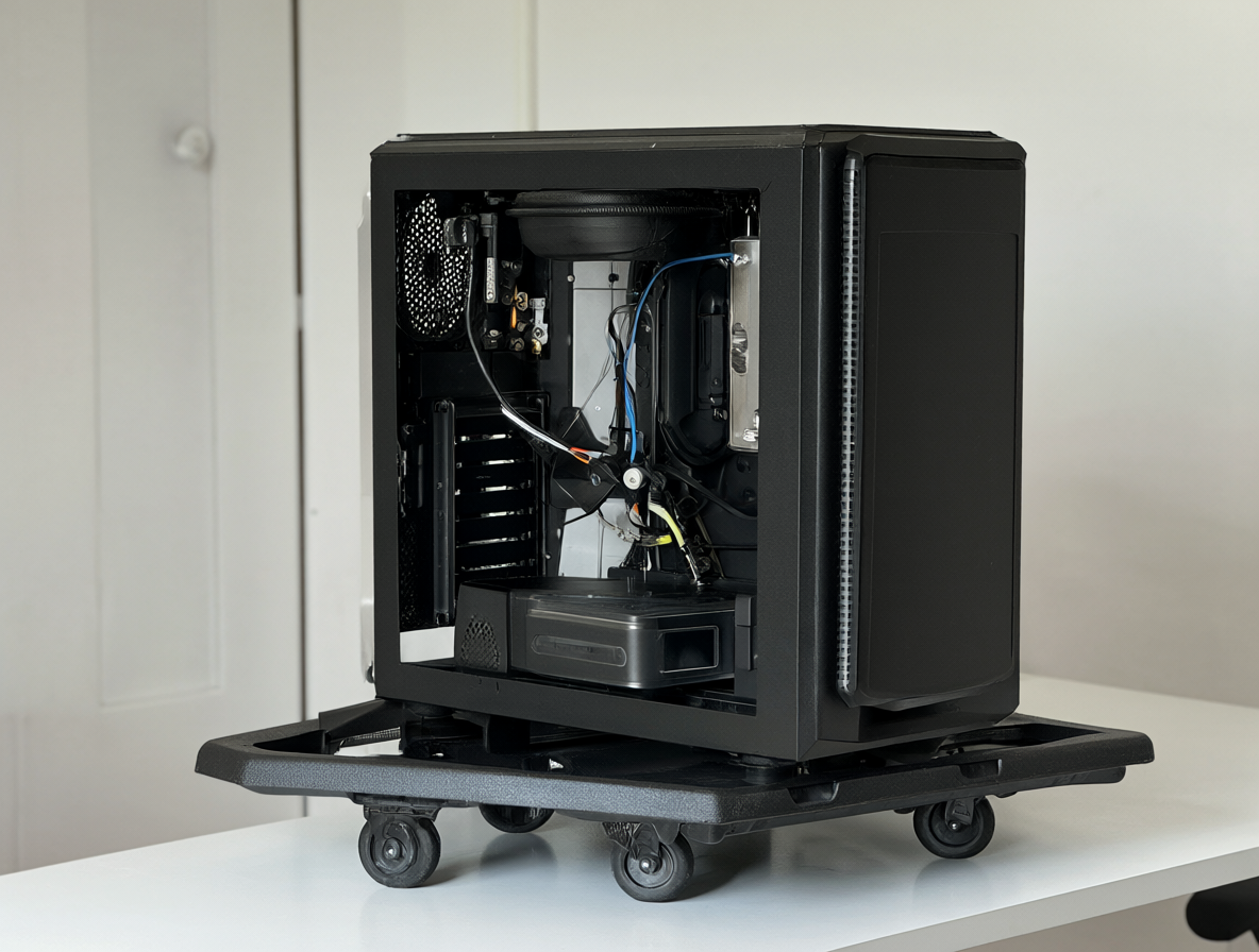 Plataforma de soporte móvil con ruedas sosteniendo una torre PC