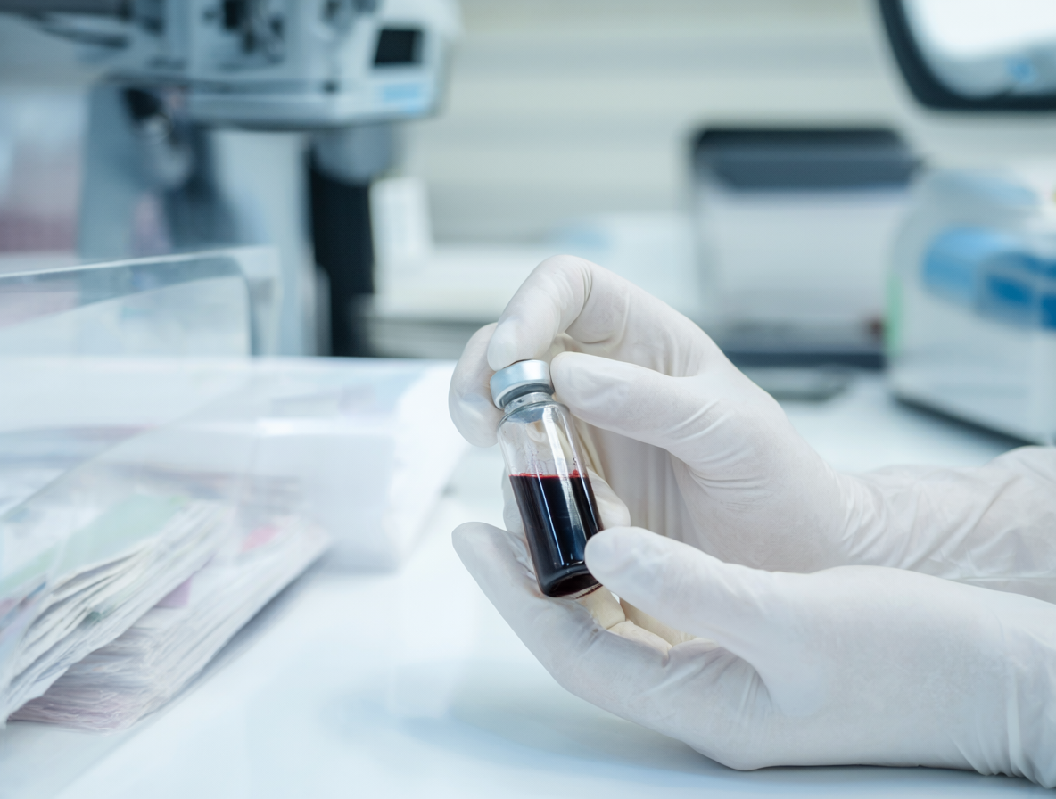 Close-up of a scientist analyzing a blood sample in a forensic lab to determine DNA reliability.