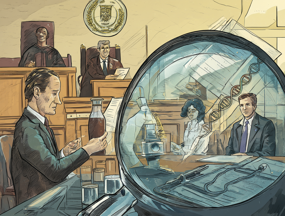 Sala de juicio con elementos de análisis forense superpuestos