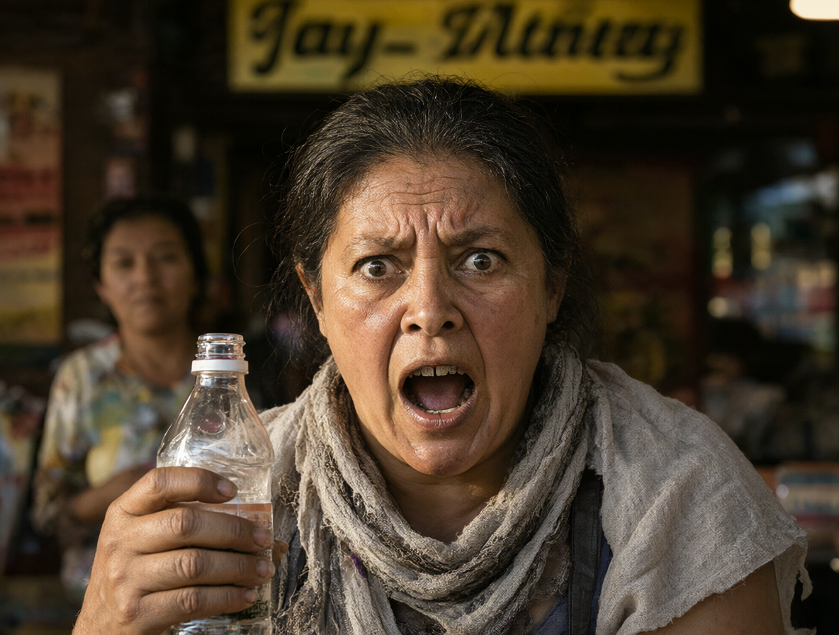 Retrato de una mujer furiosa sosteniendo una botella