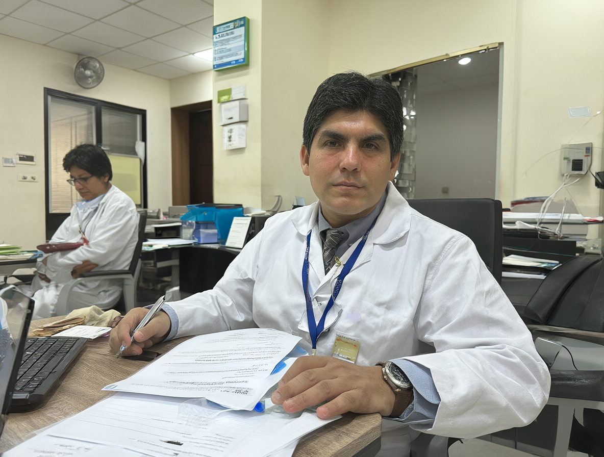Un trabajador administrativo chileno revisa papeles en la oficina de un centro de salud familiar.