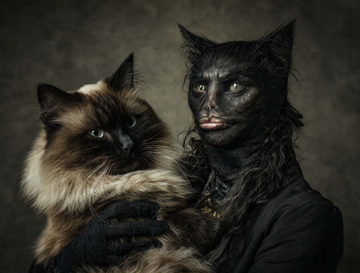 Retrato de una persona elegante con su gato majestuoso en un interior luminoso.
