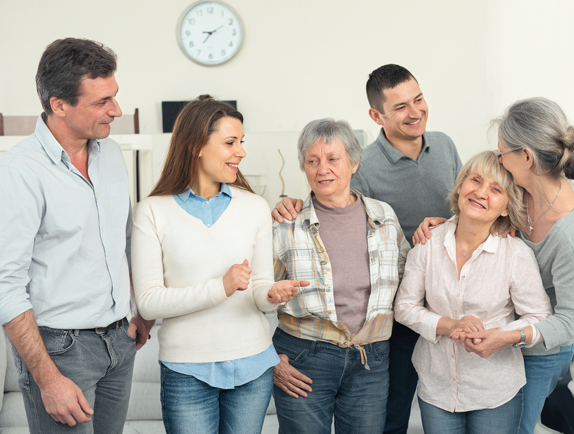Grupo de adultos practicando habilidades sociales en un centro comunitario.