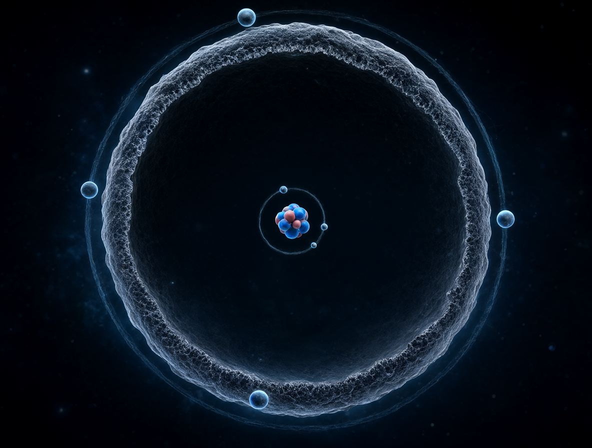 Cross-section of an atom showing vast empty space