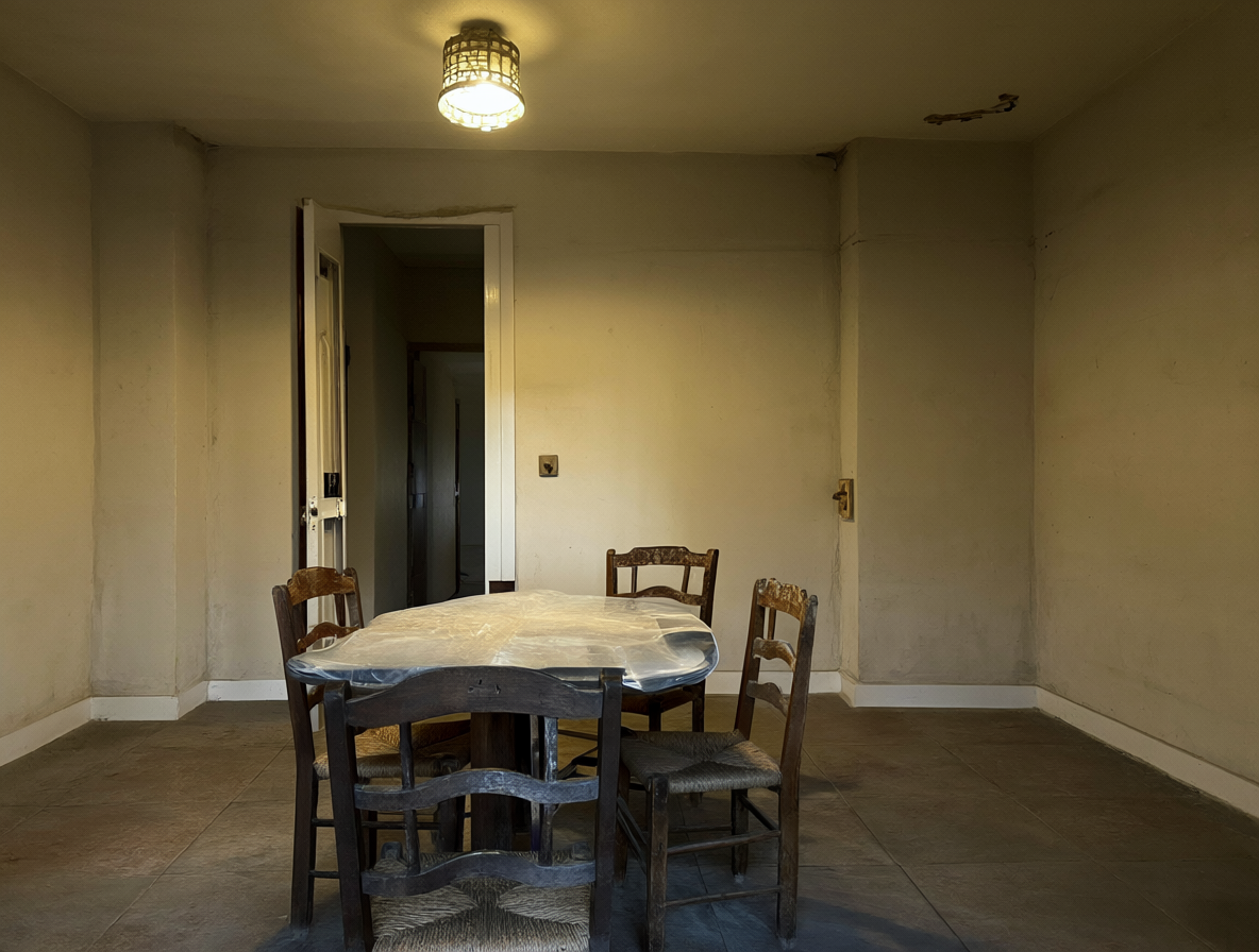 Una casa vacía con una puerta cerrada al fondo.