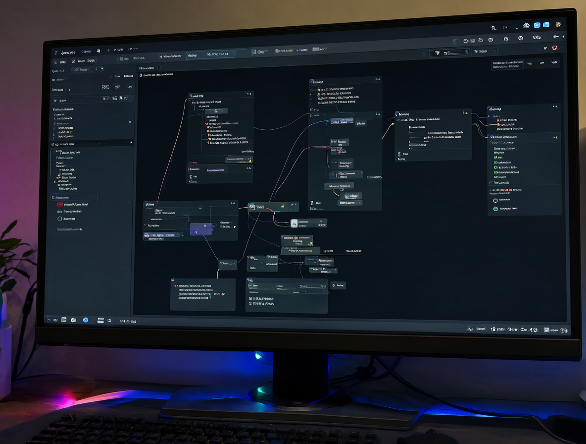 Una estación de trabajo con un monitor mostrando el software ComfyUI y una iluminación ambiental RGB reflejada en la pantalla.