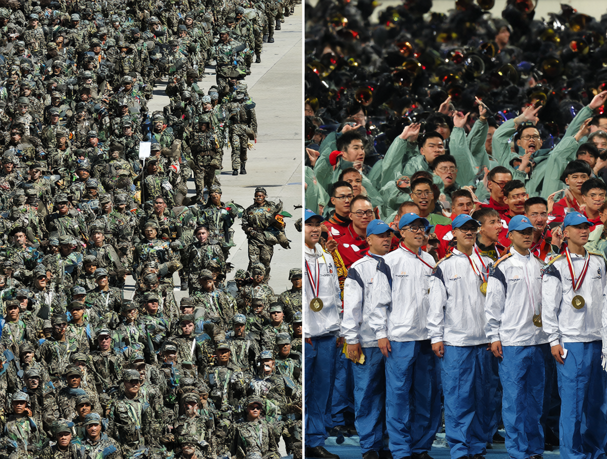 Composición dividida mostrando una parada militar y atletas olímpicos