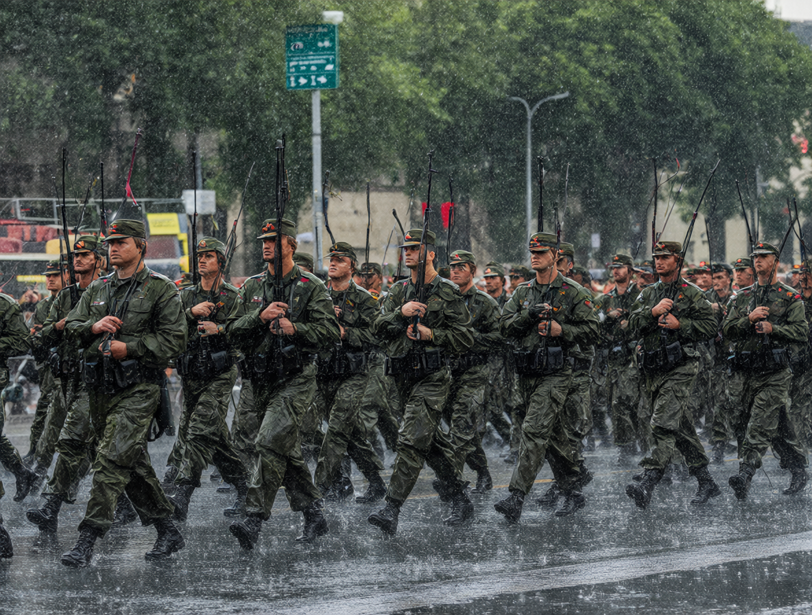 Parada militar en medio de una tormenta
