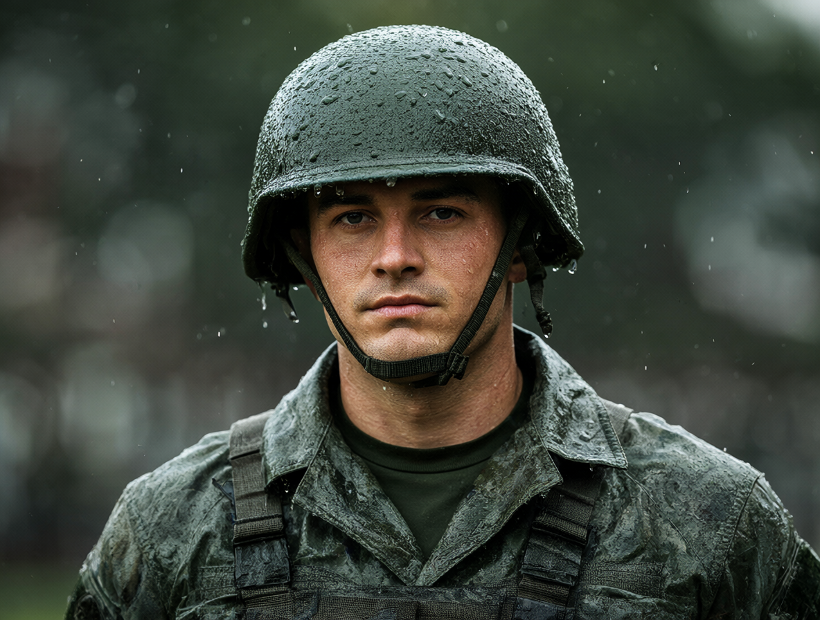 Soldado soportando la lluvia con disciplina