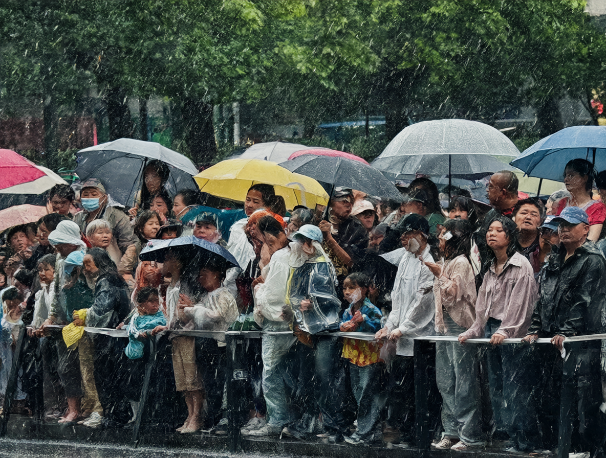 Público asistiendo a la parada militar bajo la lluvia