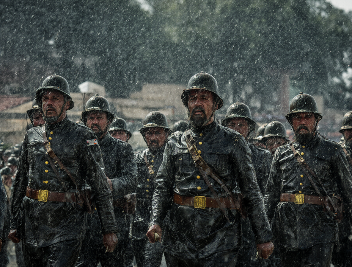 Soldados marchando bajo lluvia torrencial durante una parada militar histórica.