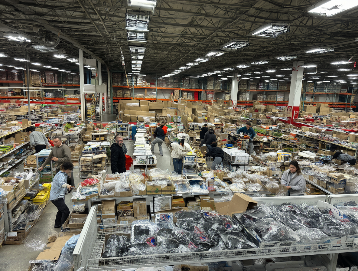 Clientes comprando rápidamente en un almacén vacío