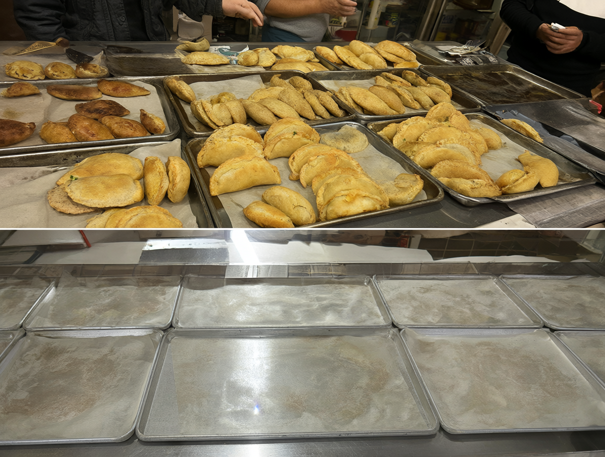 El mostrador de la panadería lleno o vacío