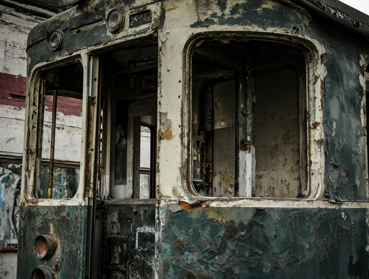 Vista cercana de un vagón antiguo del metro de Buenos Aires en estado de abandono