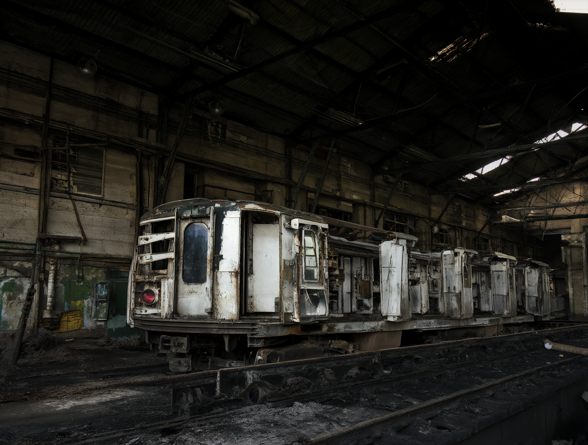 Interior de un taller industrial abandonado con un vagón en proceso de desmontaje