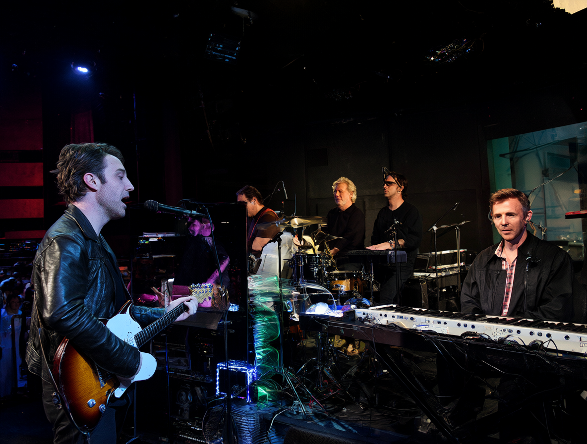 Split composition showing U2 members on stage during Achtung Baby era next to Pink Floyd band members in a studio setting.