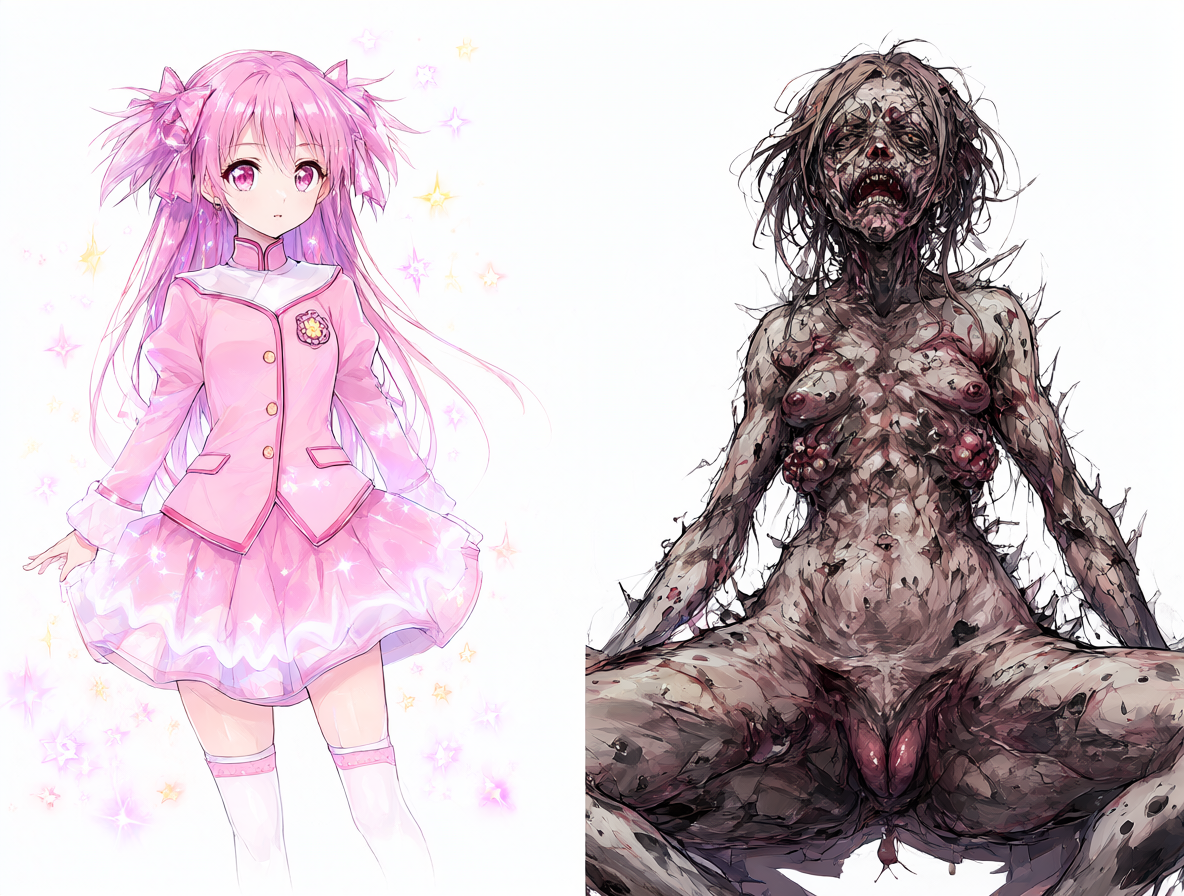Ilustración dividida mostrando la transformación del arte de Madoka Magica al estilo de Waita Uziga.