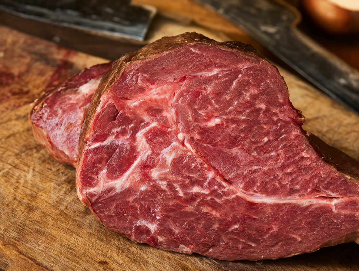 Una pieza de carne fresca sobre un tablero de madera dentro de una carnicería.