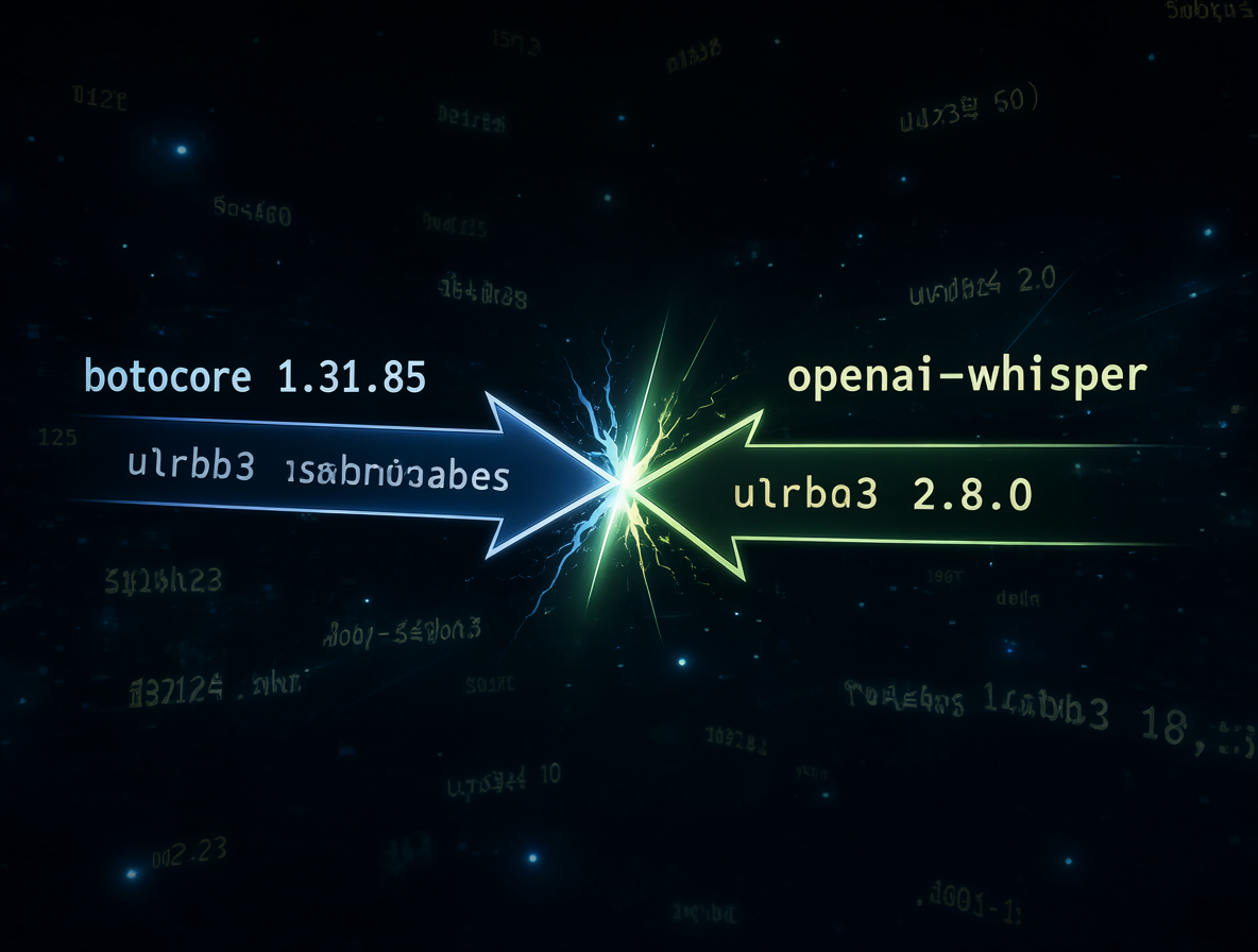 Diagrama mostrando el choque entre las dependencias de botocore y openai-whisper en un editor de código.