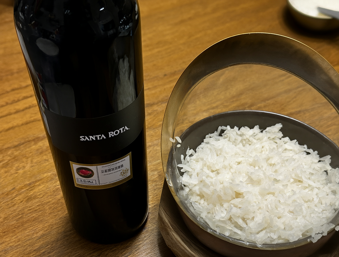 Bottle of Santa Rita red wine next to a bowl of white rice on wood
