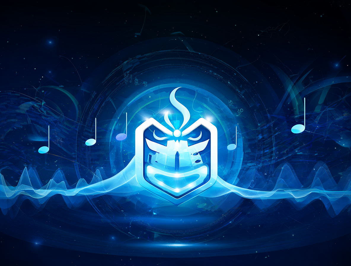 Interfaz futurista de software musical con notas de audio flotando