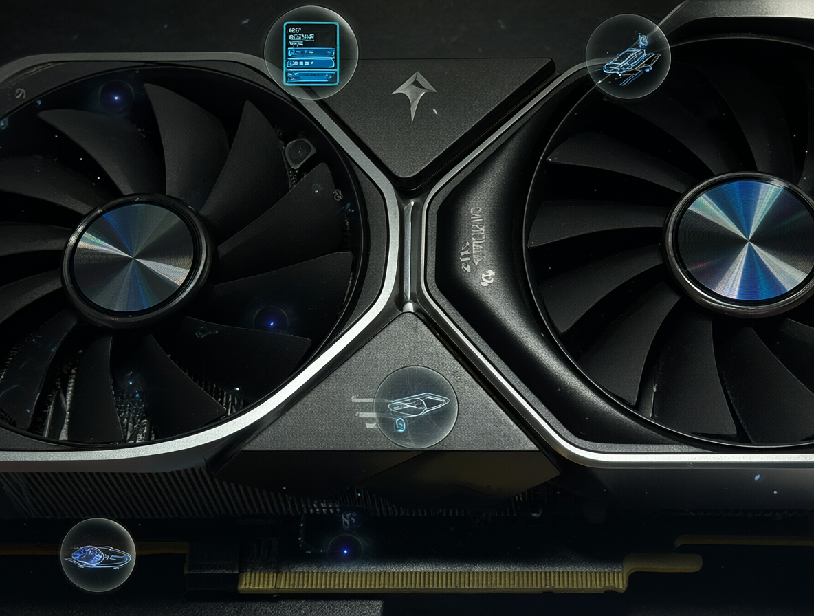 Tarjeta gráfica RTX 3090 junto con iconos técnicos de software de generación