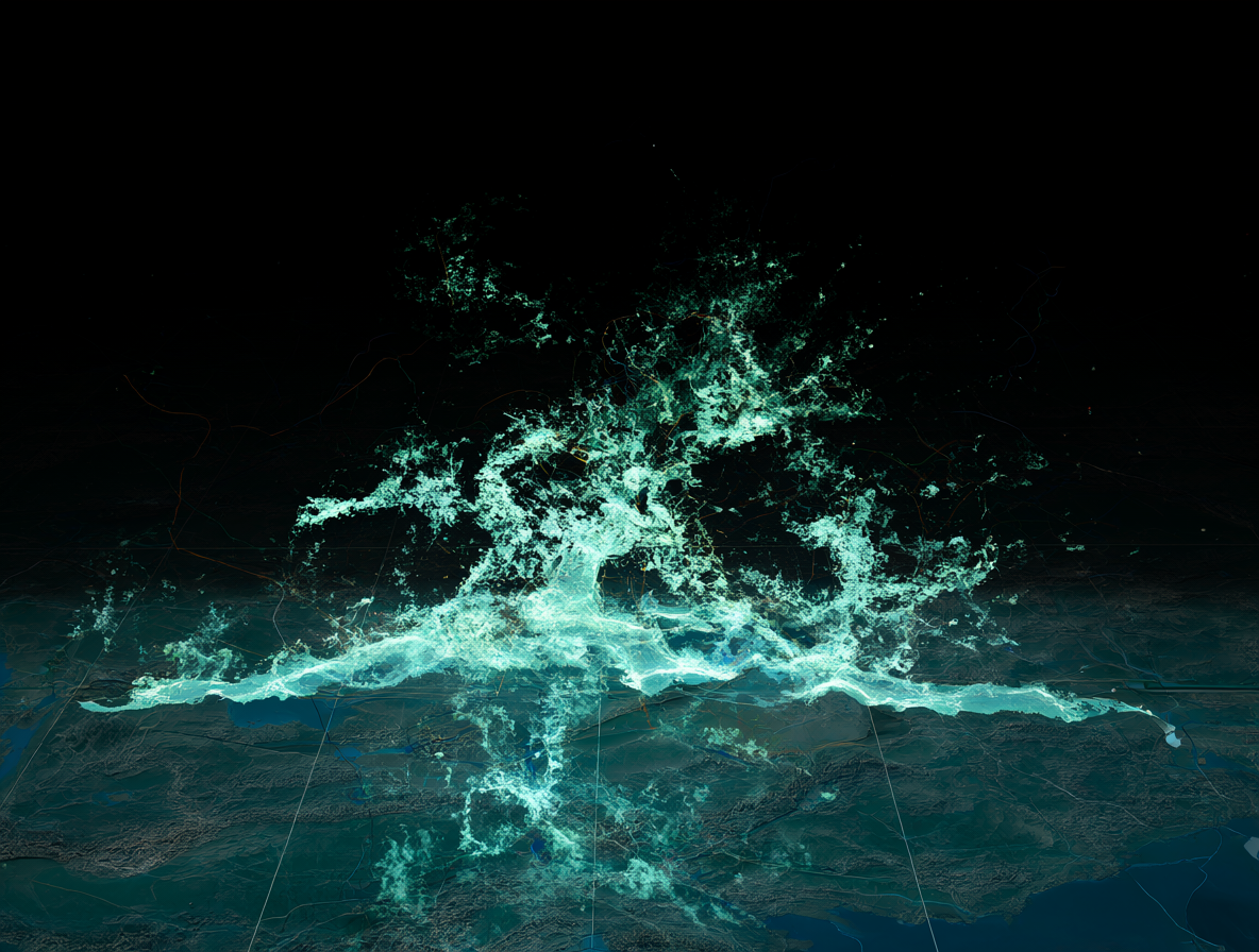 Representación gráfica de tecnología LiDAR y entornos virtuales superpuestos sobre un mapa digital.