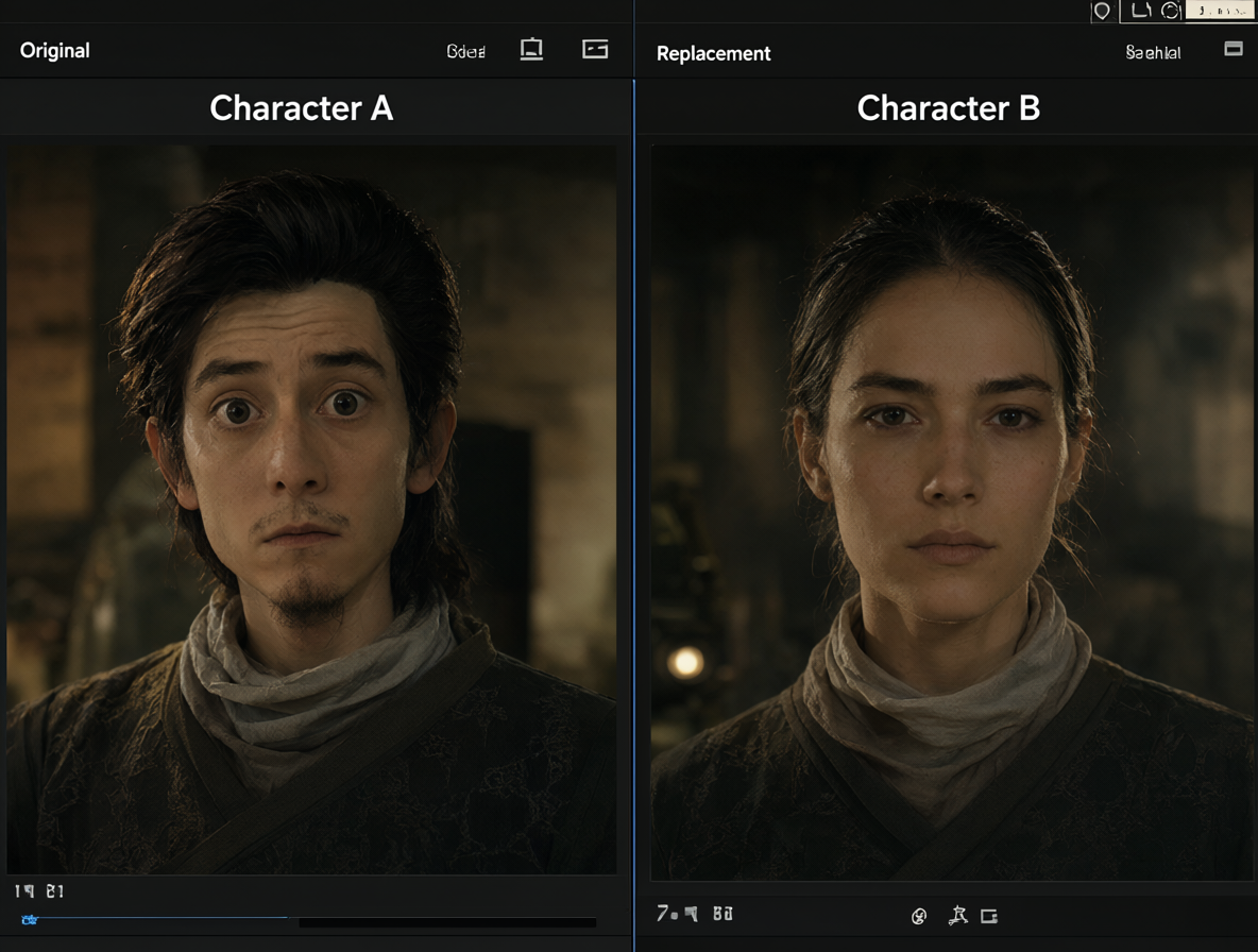 Split-screen image showing Character A on the left and Character B on the right within an editing interface.