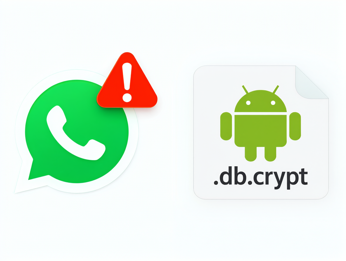 Icono de WhatsApp con alerta roja junto a un archivo de respaldo de Android