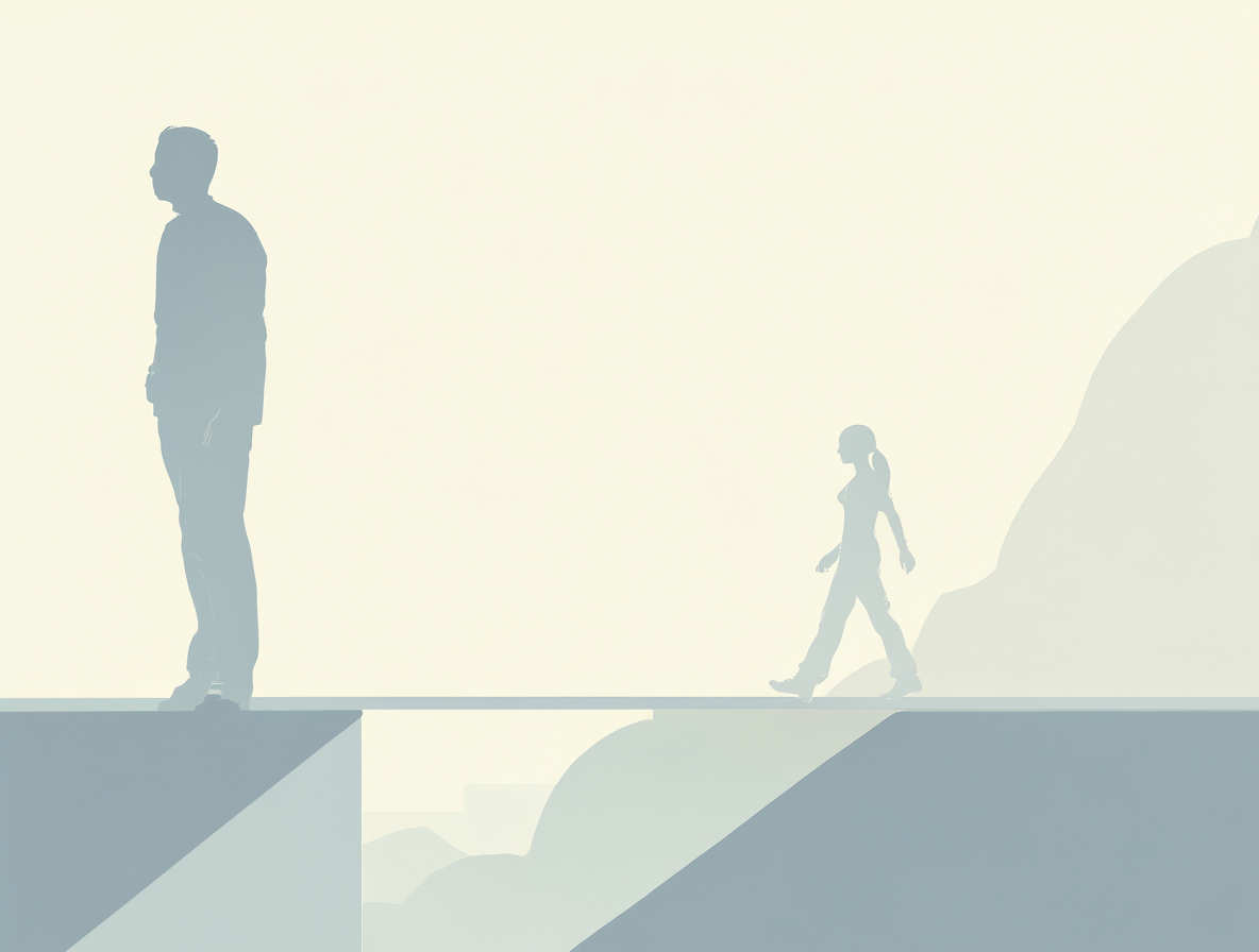 Ilustración conceptual que muestra dos figuras en lados opuestos de un umbral, simbolizando el cambio de una actitud pasiva a una proactiva en las relaciones humanas.